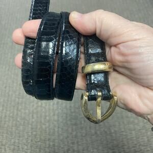 Vintage Fostoria Trading Black Genuine Snakeskin Belt Brass Buckle M/L Taiwan